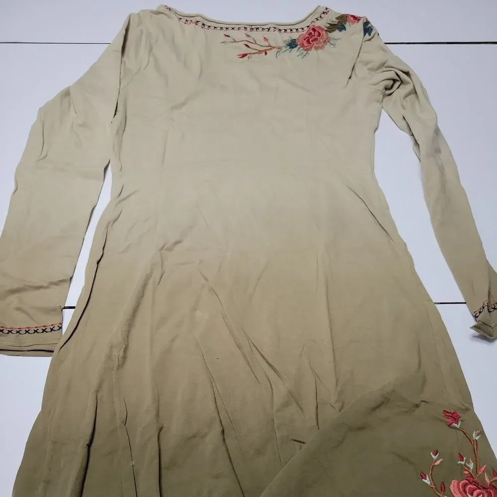 JW Los Angeles Womens S Dress‎ Green Embroidered Scoop Neck Long Sleeve Pullover